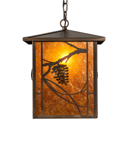Meyda Lighting Whispering Pines 12"Sq Antique Copper Pendant Light With Amber Mica Shade Glass
