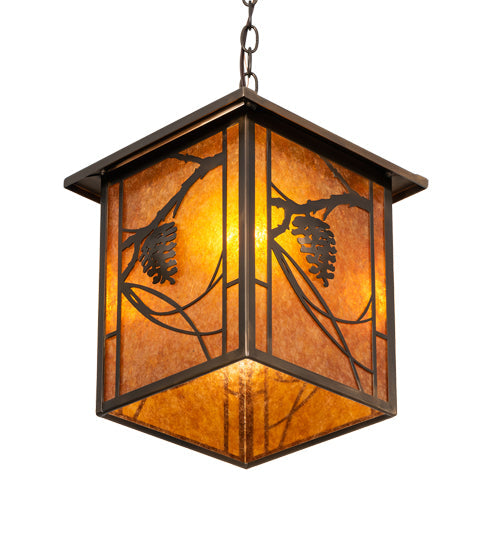 Meyda Lighting Whispering Pines 12"Sq Antique Copper Pendant Light With Amber Mica Shade Glass