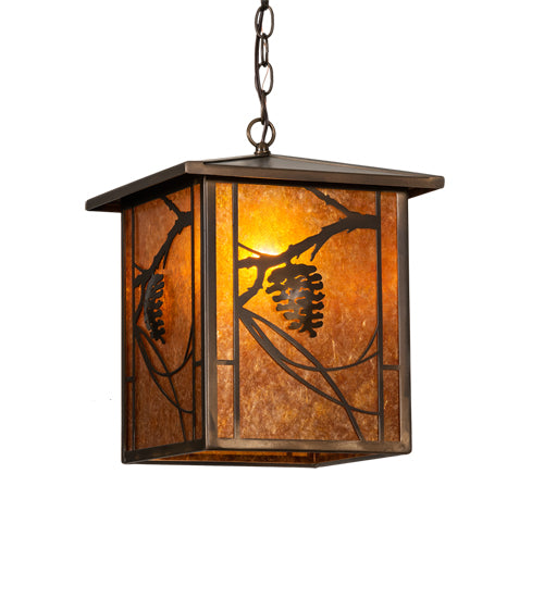 Meyda Lighting Whispering Pines 12"Sq Antique Copper Pendant Light With Amber Mica Shade Glass