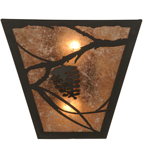 Meyda Lighting Whispering Pines 13" 2-Light Mahogany Bronze Wall Sconce With Silver Mica Shade Glass
