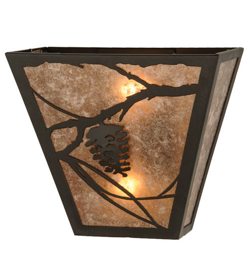 Meyda Lighting Whispering Pines 13" 2-Light Mahogany Bronze Wall Sconce With Silver Mica Shade Glass