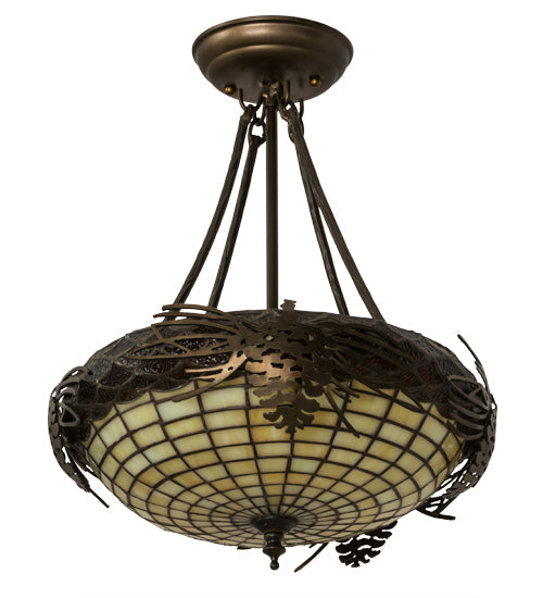 Meyda Lighting Whispering Pines 14" 3-Light Antique Copper Semi-flush Mount Ceiling Light With Bark Brown and Autumn Beige Shade Glass