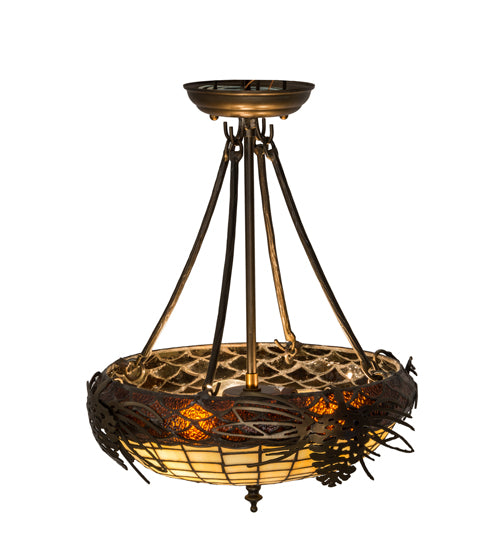 Meyda Lighting Whispering Pines 14" 3-Light Antique Copper Semi-flush Mount Ceiling Light With Bark Brown and Autumn Beige Shade Glass