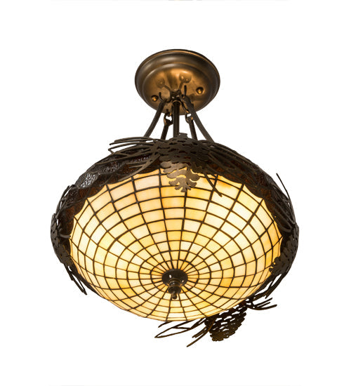 Meyda Lighting Whispering Pines 14" 3-Light Antique Copper Semi-flush Mount Ceiling Light With Bark Brown and Autumn Beige Shade Glass