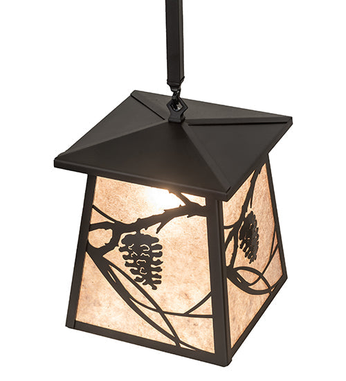 Meyda Lighting Whispering Pines 14" Wrought Iron Pendant Light With Silver Mica Shade Glass