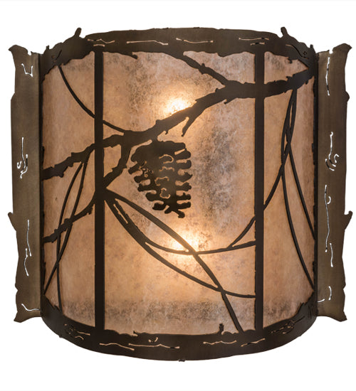 Meyda Lighting Whispering Pines 15" 2-Light Antique Copper Wall Sconce With Silver Mica Shade Glass