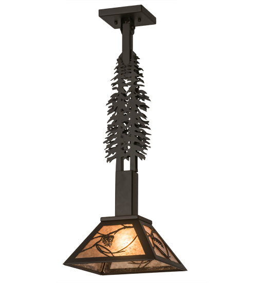 Meyda Lighting Whispering Pines 15" Oil Rubbed Bronze Tall Pines Pendant Light With Silver Mica Shade Glass