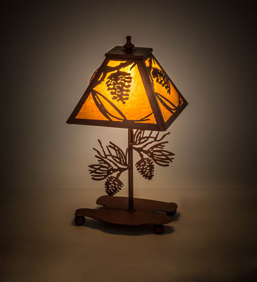 Meyda Lighting Whispering Pines 15" Rust Accent Table Lamp With Honey Amber Art Shade Glass