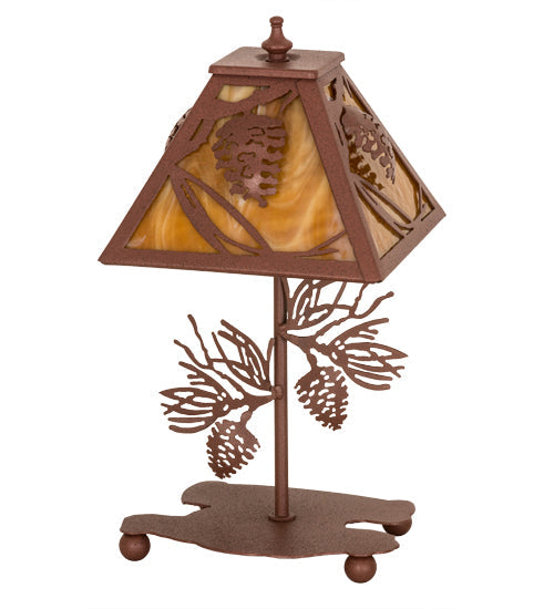 Meyda Lighting Whispering Pines 15" Rust Accent Table Lamp With Honey Amber Art Shade Glass