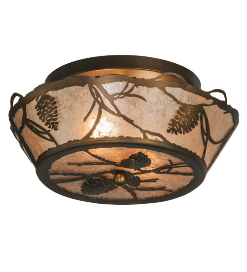 Meyda Lighting Whispering Pines 16" 2-Light Antique Copper Flush Mount Light With Silver Mica Shade Glass