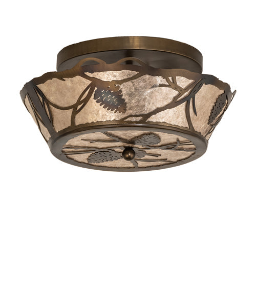 Meyda Lighting Whispering Pines 16" 2-Light Light Burnished Antique Copper Flush Mount Light With Silver Mica Shade Glass