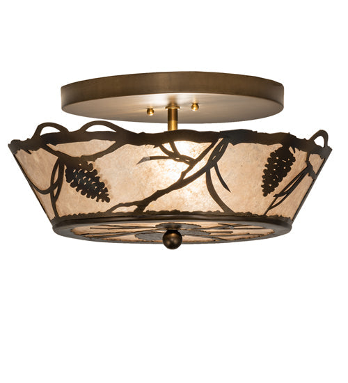Meyda Lighting Whispering Pines 16" 2-Light Light Burnished Antique Copper Flush Mount Light With Silver Mica Shade Glass