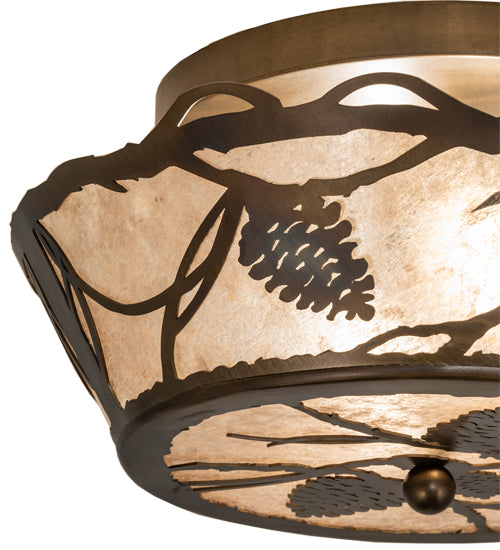 Meyda Lighting Whispering Pines 16" 2-Light Light Burnished Antique Copper Flush Mount Light With Silver Mica Shade Glass