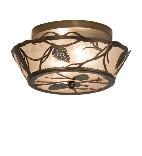 Meyda Lighting Whispering Pines 16" 2-Light Light Burnished Antique Copper Flush Mount Light With Silver Mica Shade Glass
