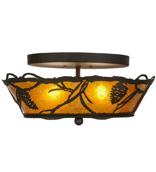 Meyda Lighting Whispering Pines 16" 2-Light Oil Rubbed Bronze Flush Mount Light With Amber Mica Shade Glass
