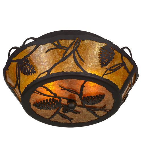Meyda Lighting Whispering Pines 16" 2-Light Oil Rubbed Bronze Flush Mount Light With Amber Mica Shade Glass