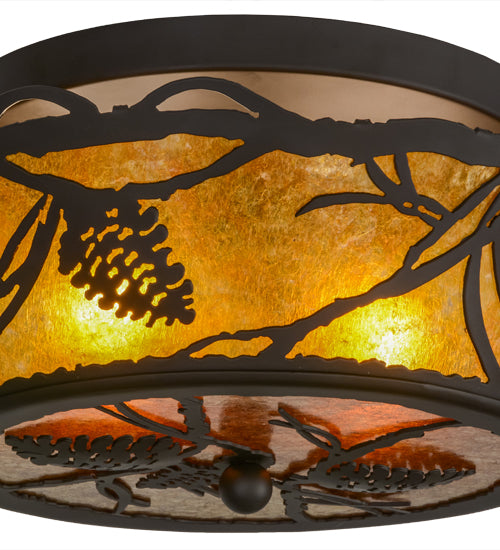 Meyda Lighting Whispering Pines 16" 2-Light Oil Rubbed Bronze Flush Mount Light With Amber Mica Shade Glass