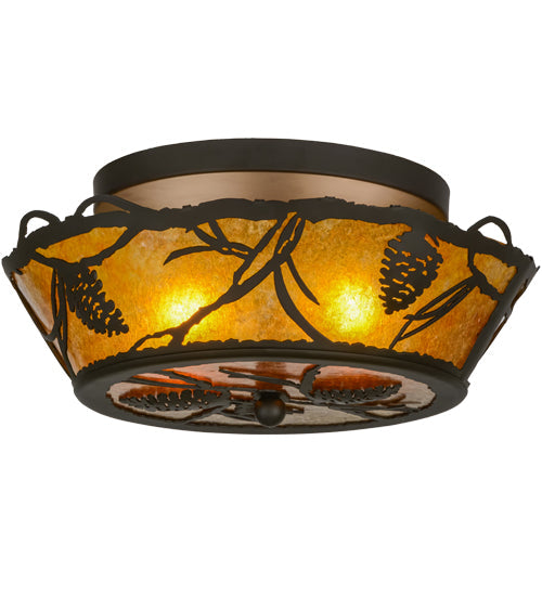 Meyda Lighting Whispering Pines 16" 2-Light Oil Rubbed Bronze Flush Mount Light With Amber Mica Shade Glass