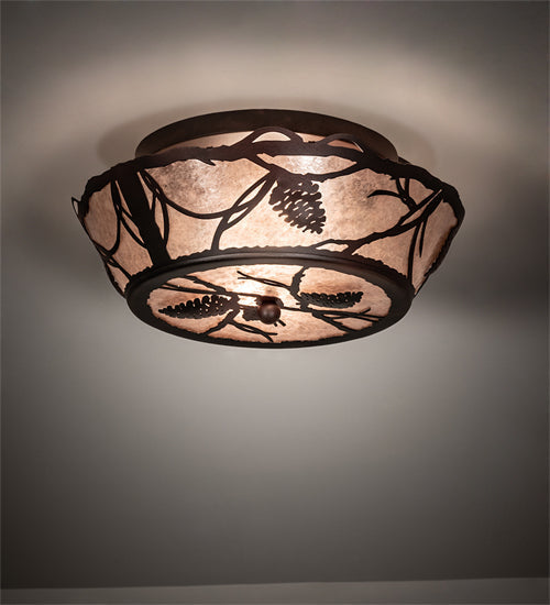 Meyda Lighting Whispering Pines 16" 2-Light Rust Over Wrought Iron Flush Mount Light With Silver Mica Shade Glass
