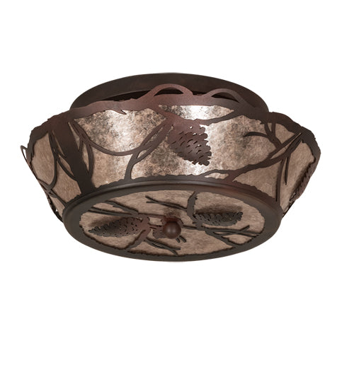 Meyda Lighting Whispering Pines 16" 2-Light Rust Over Wrought Iron Flush Mount Light With Silver Mica Shade Glass