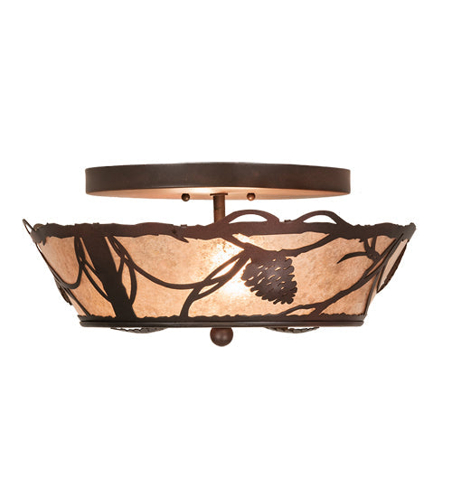 Meyda Lighting Whispering Pines 16" 2-Light Rust Over Wrought Iron Flush Mount Light With Silver Mica Shade Glass