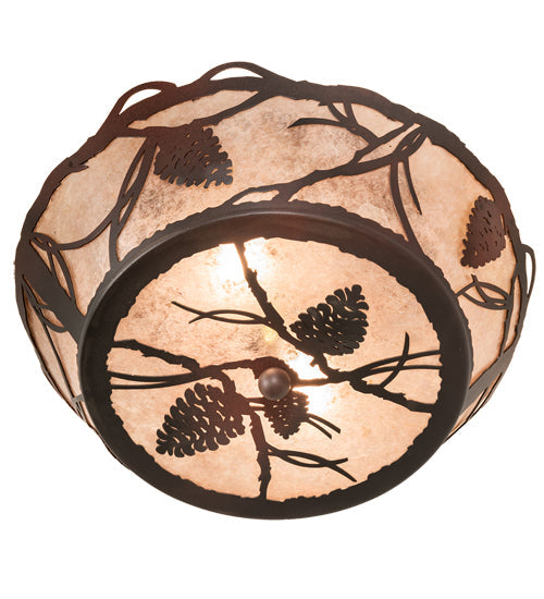 Meyda Lighting Whispering Pines 16" 2-Light Rust Over Wrought Iron Flush Mount Light With Silver Mica Shade Glass