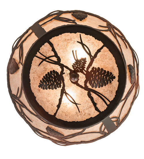 Meyda Lighting Whispering Pines 16" 2-Light Rust Over Wrought Iron Flush Mount Light With Silver Mica Shade Glass