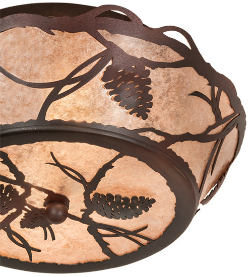 Meyda Lighting Whispering Pines 16" 2-Light Rust Over Wrought Iron Flush Mount Light With Silver Mica Shade Glass