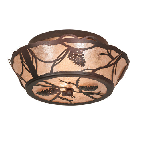 Meyda Lighting Whispering Pines 16" 2-Light Rust Over Wrought Iron Flush Mount Light With Silver Mica Shade Glass