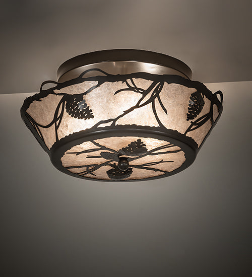 Meyda Lighting Whispering Pines 16" 3-Light Timeless Bronze Flush Mount Light With Silver Mica Shade Glass