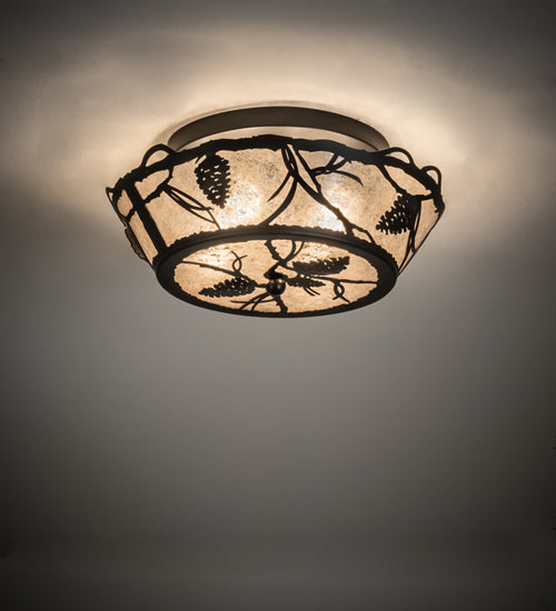 Meyda Lighting Whispering Pines 16" 4-Light Black Satin Wrought Iron Flush Mount Light With Silver Mica Shade Glass