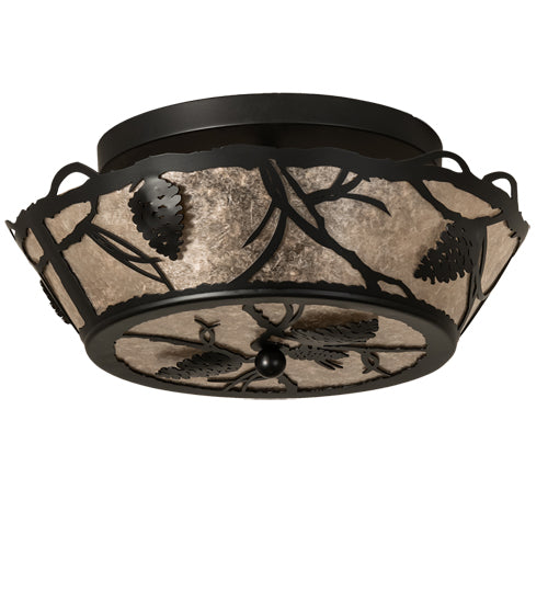Meyda Lighting Whispering Pines 16" 4-Light Black Satin Wrought Iron Flush Mount Light With Silver Mica Shade Glass