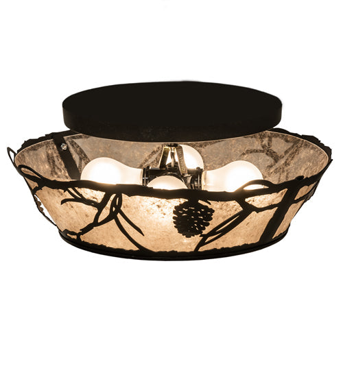 Meyda Lighting Whispering Pines 16" 4-Light Black Satin Wrought Iron Flush Mount Light With Silver Mica Shade Glass