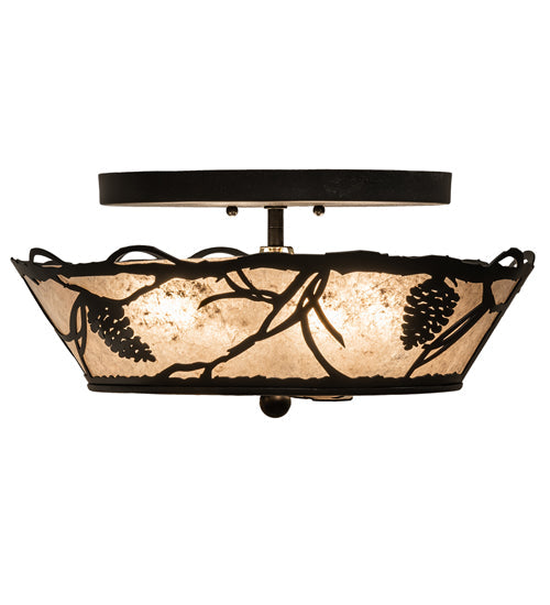 Meyda Lighting Whispering Pines 16" 4-Light Black Satin Wrought Iron Flush Mount Light With Silver Mica Shade Glass