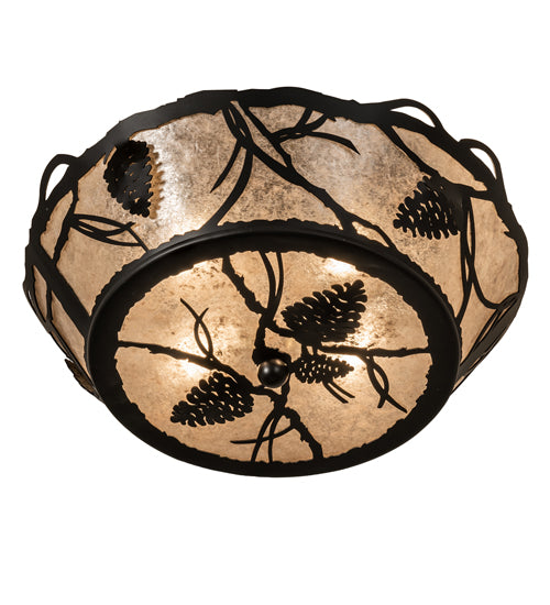 Meyda Lighting Whispering Pines 16" 4-Light Black Satin Wrought Iron Flush Mount Light With Silver Mica Shade Glass