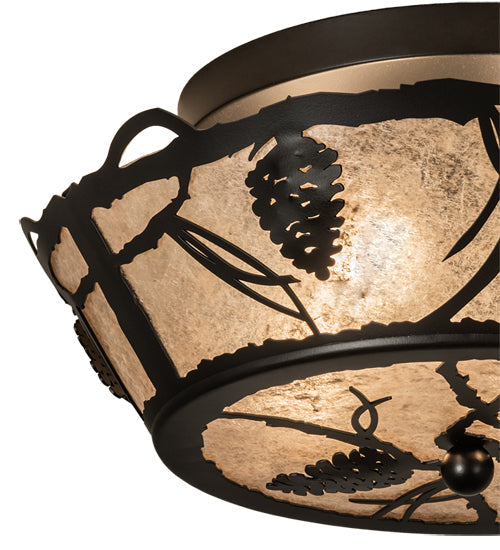 Meyda Lighting Whispering Pines 16" 4-Light Black Satin Wrought Iron Flush Mount Light With Silver Mica Shade Glass