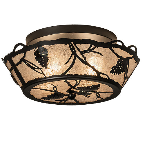 Meyda Lighting Whispering Pines 16" 4-Light Black Satin Wrought Iron Flush Mount Light With Silver Mica Shade Glass