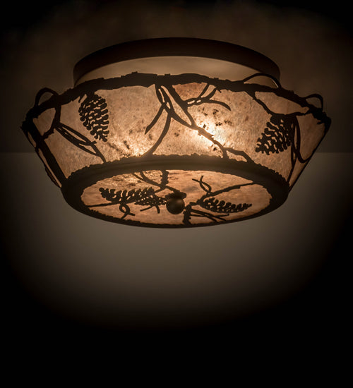 Meyda Lighting Whispering Pines 17" 2-Light Oil Rubbed Bronze Flush Mount Light With Silver Mica Shade Glass