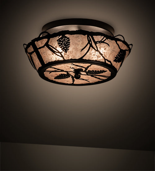Meyda Lighting Whispering Pines 17" 3-Light Textured Black Flush Mount Light With Silver Mica Shade Glass