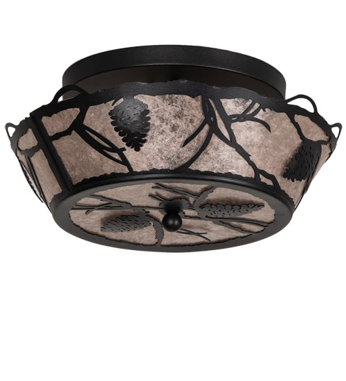 Meyda Lighting Whispering Pines 17" 3-Light Textured Black Flush Mount Light With Silver Mica Shade Glass