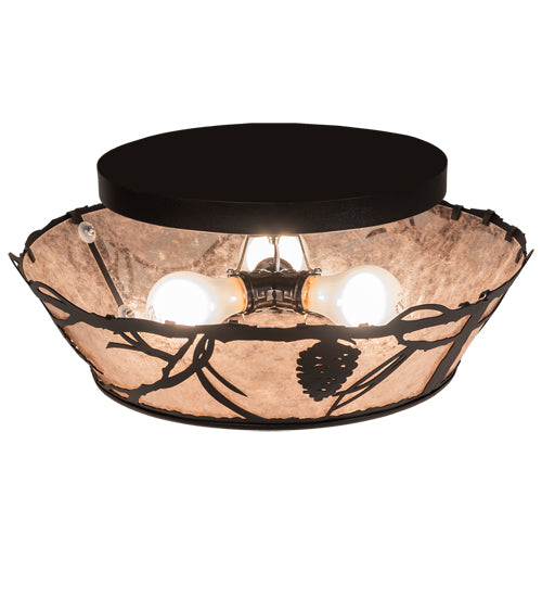 Meyda Lighting Whispering Pines 17" 3-Light Textured Black Flush Mount Light With Silver Mica Shade Glass