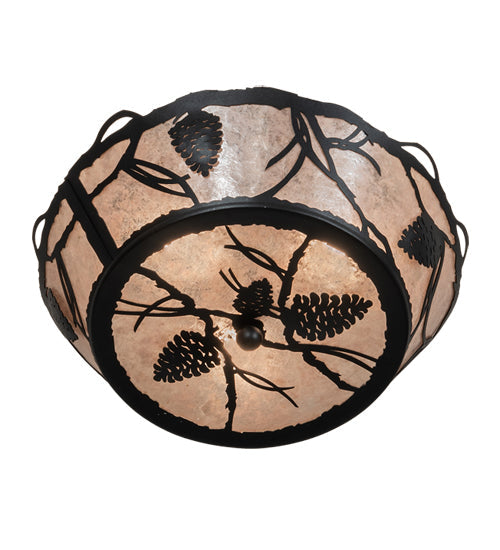 Meyda Lighting Whispering Pines 17" 3-Light Textured Black Flush Mount Light With Silver Mica Shade Glass