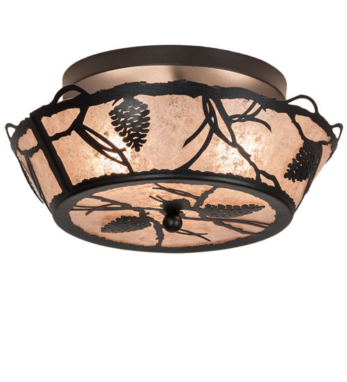 Meyda Lighting Whispering Pines 17" 3-Light Textured Black Flush Mount Light With Silver Mica Shade Glass