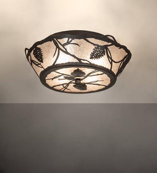 Meyda Lighting Whispering Pines 17" 4-Light Wrought Iron Flush Mount Light With Silver Mica Shade Glass