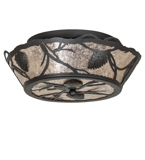 Meyda Lighting Whispering Pines 17" 4-Light Wrought Iron Flush Mount Light With Silver Mica Shade Glass