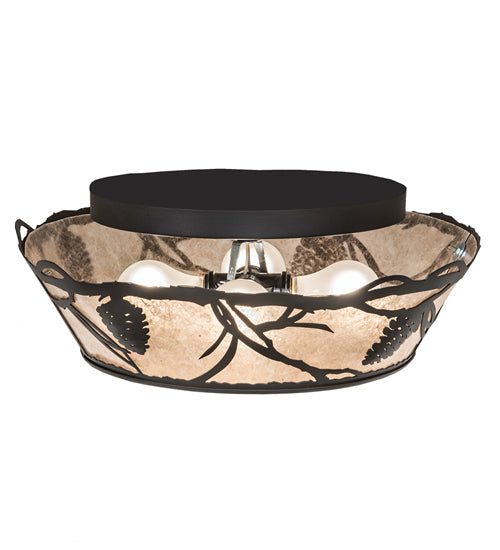 Meyda Lighting Whispering Pines 17" 4-Light Wrought Iron Flush Mount Light With Silver Mica Shade Glass