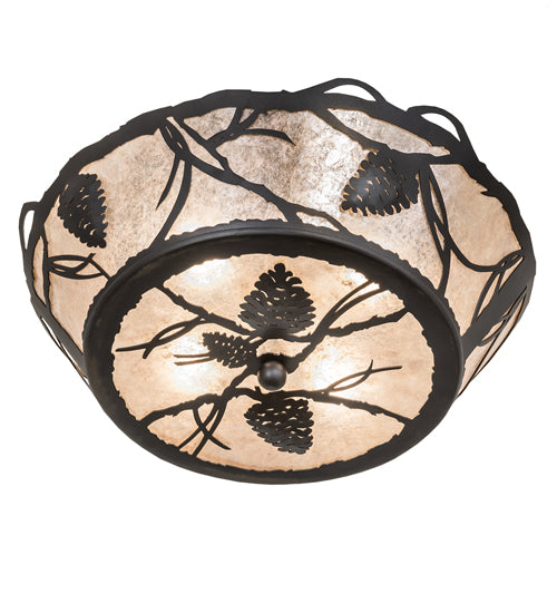 Meyda Lighting Whispering Pines 17" 4-Light Wrought Iron Flush Mount Light With Silver Mica Shade Glass