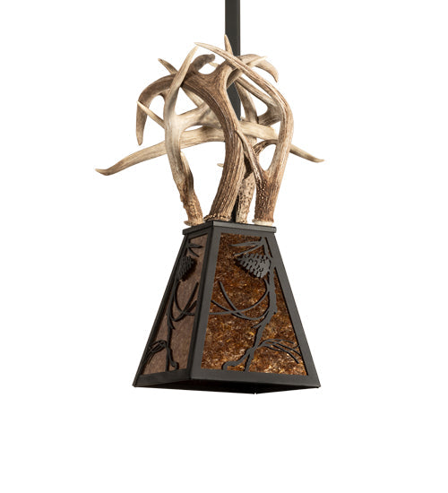 Meyda Lighting Whispering Pines 17" Costello Black Antler Pendant Light With Amber Mica Shade Glass