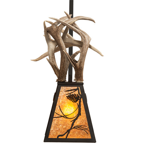 Meyda Lighting Whispering Pines 17" Costello Black Antler Pendant Light With Amber Mica Shade Glass