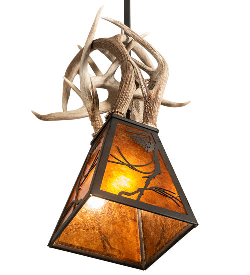 Meyda Lighting Whispering Pines 17" Costello Black Antler Pendant Light With Amber Mica Shade Glass